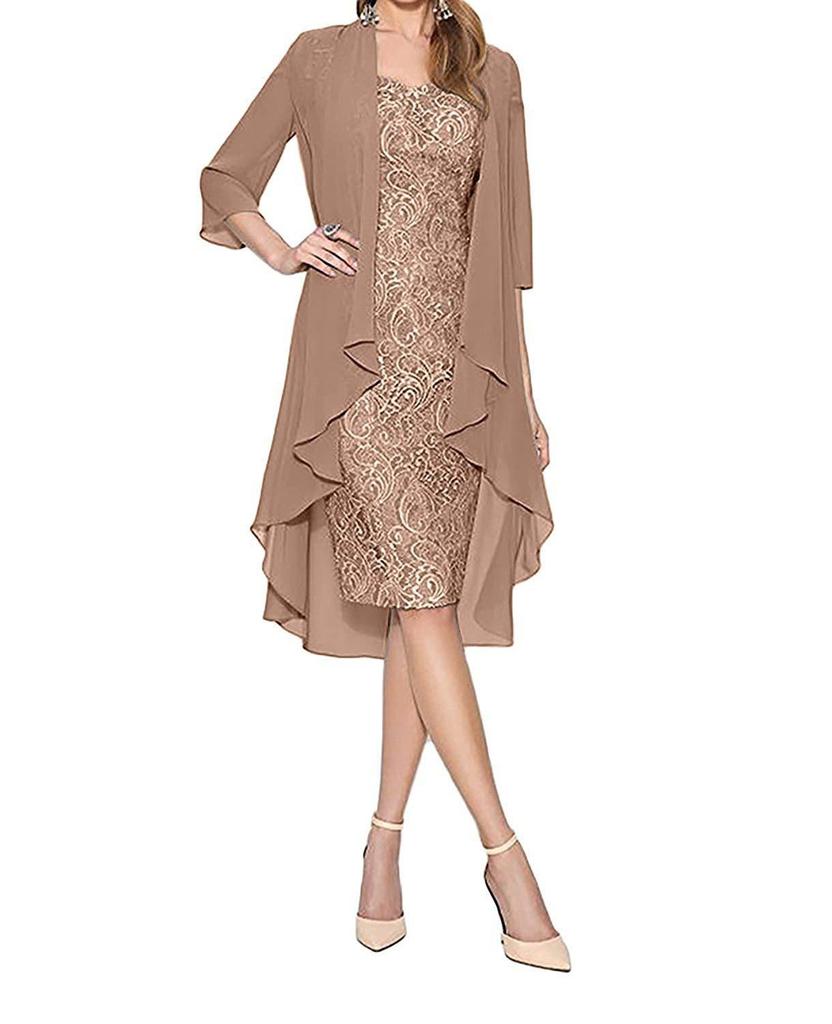 Spitze Chiffon Pendler Midi-Rock & Slim Kleid Zweiteiler