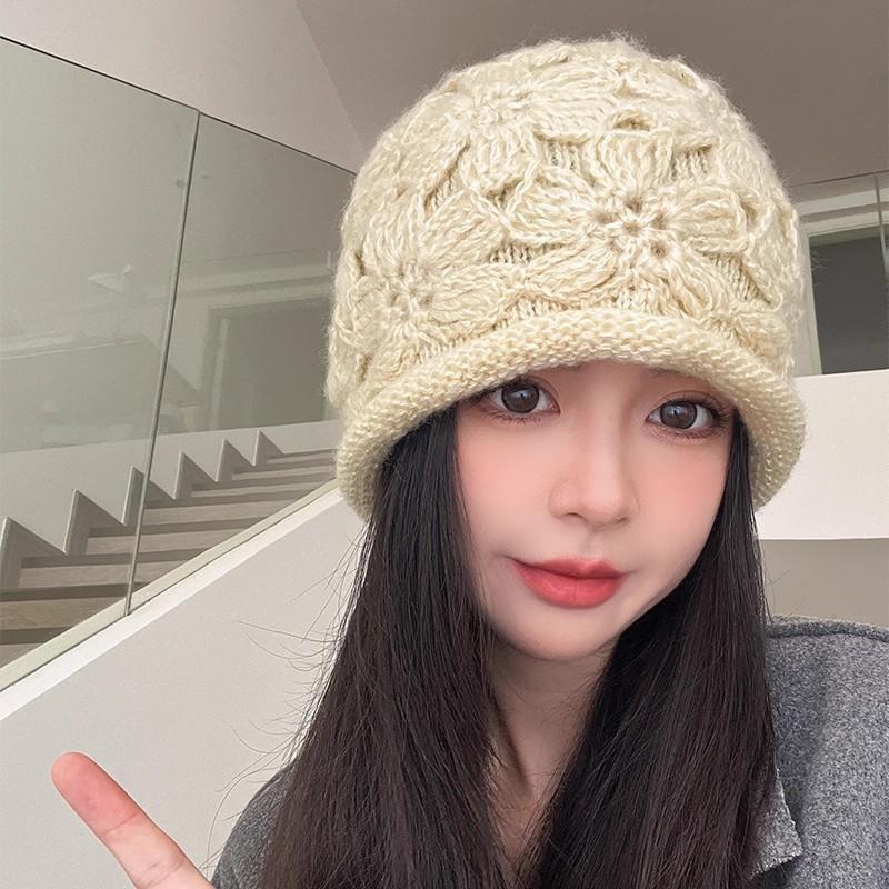 Handmade crochet crimped knitted hat women's autumn and winter new double-layer warm push hat bag head hat