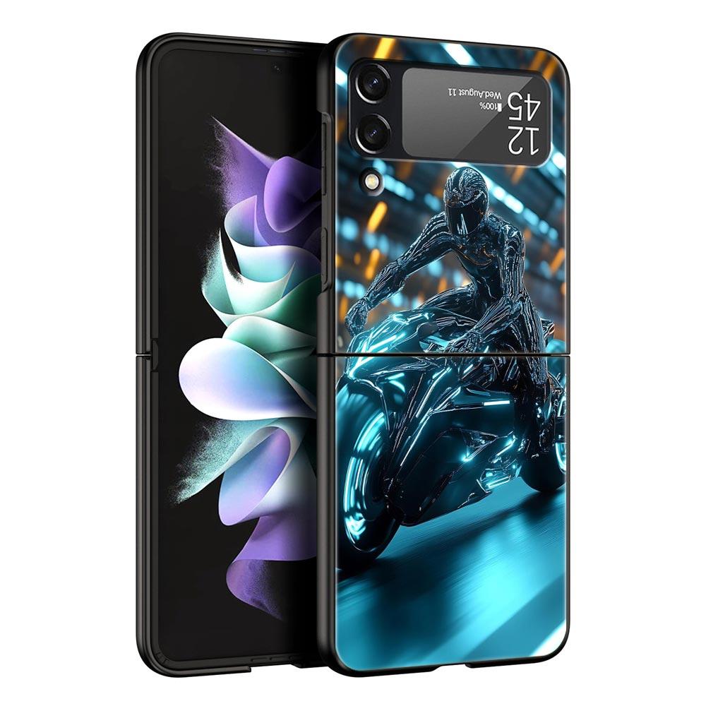 Motorcycle Hard PC Phone Case For Samsung Galaxy Z Flip 7 6 5 4 Black Cover For Galaxy Z Flip 3 Foldable Fundas Shell Capas Bags