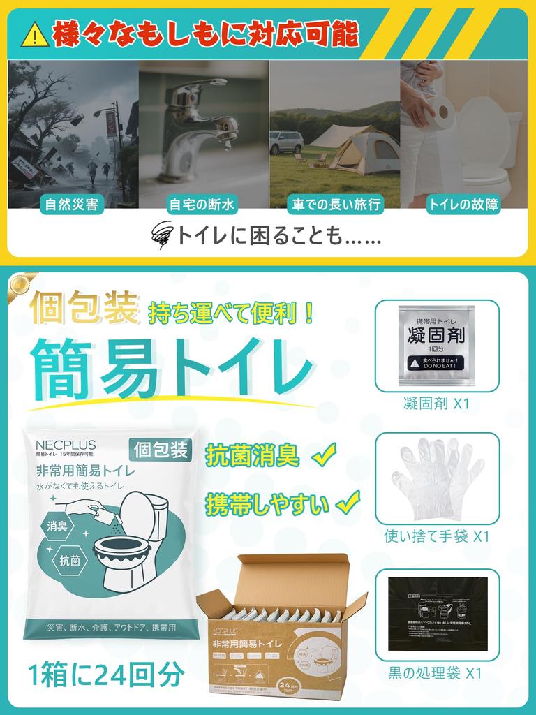 NECPLUS Portable Toilet 24 Uses Deodorizing and Antibacterial Set Treatment and Shelf Emergency Car Odorless Disaster Preparedness Supplies Set,
