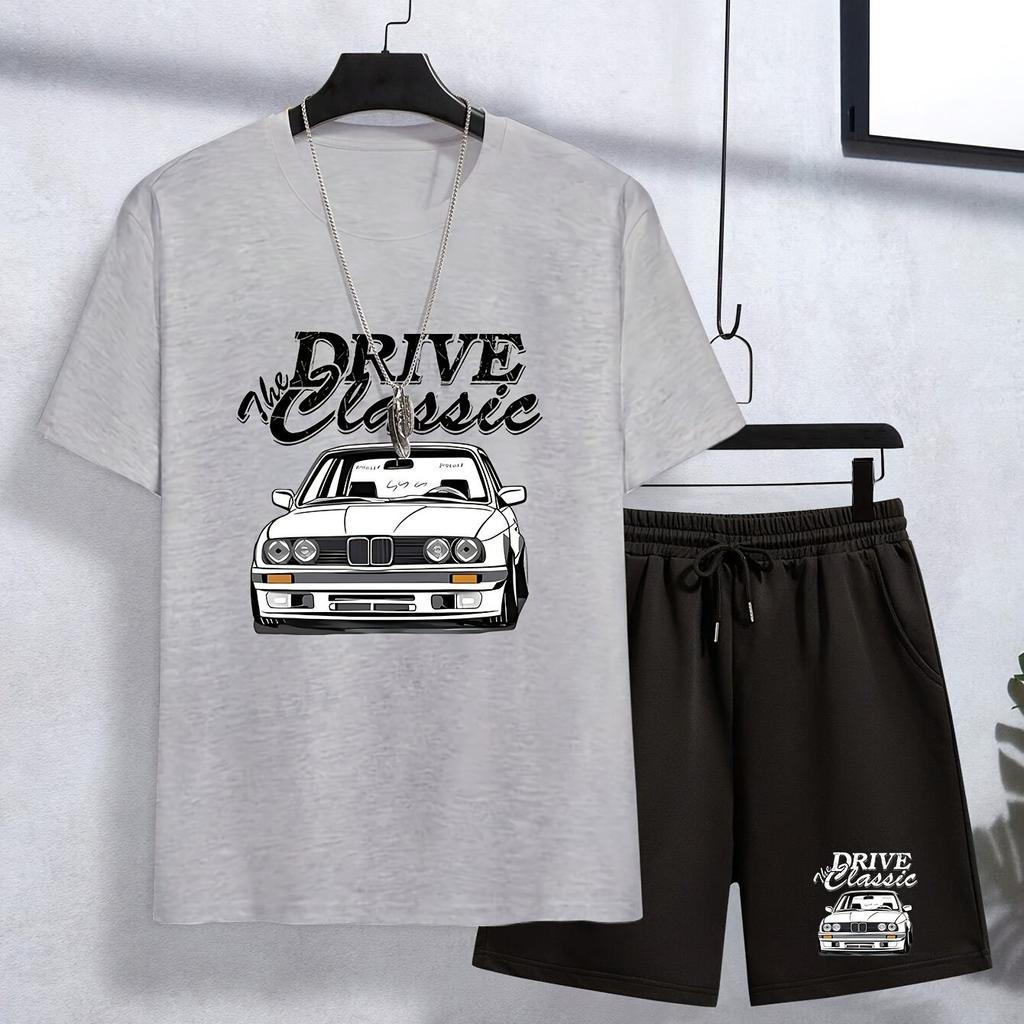 Męski zestaw z krótkim rękawem Modny, swobodny samochód BMW Nadrukowany uliczny trend Okrągły dekolt Krótkie spodenki z krótkim rękawem Męski dwuczęściowy zestaw