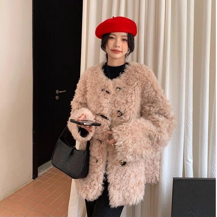 

Зимнее пальто из искусственного меха ягненка в ленивом стиле, женская толстая теплая плюшевая куртка на флисовой подкладке S светло-розовый