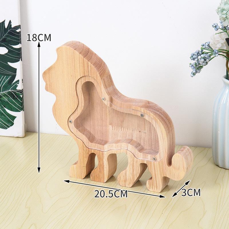 Wooden Animal Piggy Bank Transparent Cat Elephant Dinosaur Wood Carving Piggy Bank Children Piggy Bank Storage Jar Desktop Decor