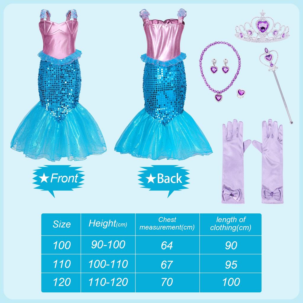 Set Rochie Printesa Sirena 6 Accessories Blue 5-6 Years 110cm Kids Party Costume