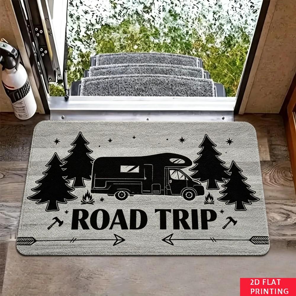 Happy Camping Tent Tree Doormat Gray Background Black Silhouette Print Non Slip Indoor Entrance Rug For Outdoor Lover Home Decor