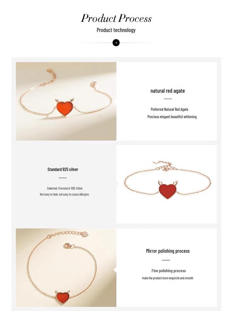 Women's Heart Antler Red Agate Bracelet - 925 Silver, Fresh Christmas Birthday Gift