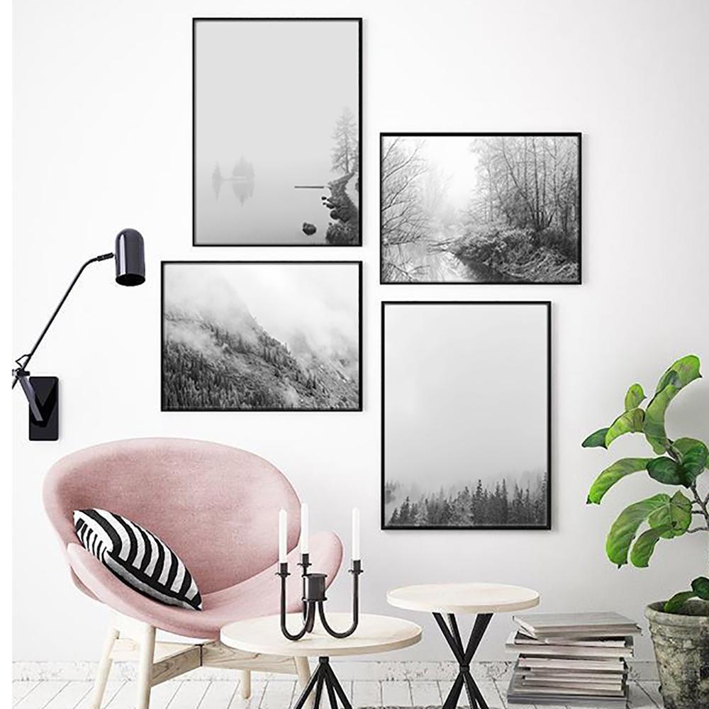 Nature Prints Forest Wall Art River Fall Spruce Trees Pine Winter Foggy Forest Landscape Canvas Painting Wall for Home Decor