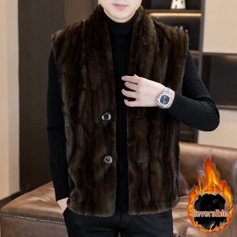 Men's Winter 2025 Faux Leather & Golden Mink Velvet Fur-Integrated Thick Gilet Jacket