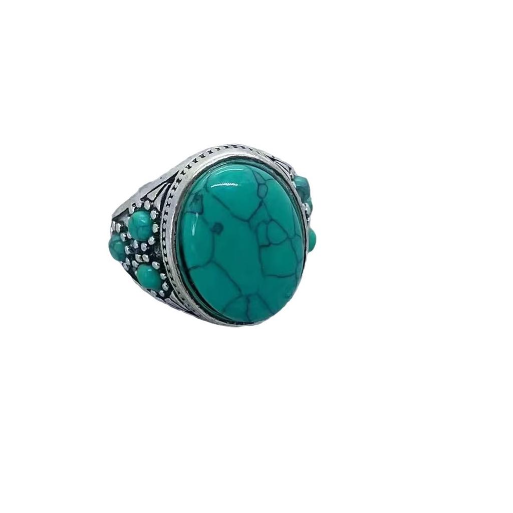 Ethnic Style Retro Opening Adjustable Ring Imitation Natural Turquoise Egg Surface Men's and Women's Ring Jewelry