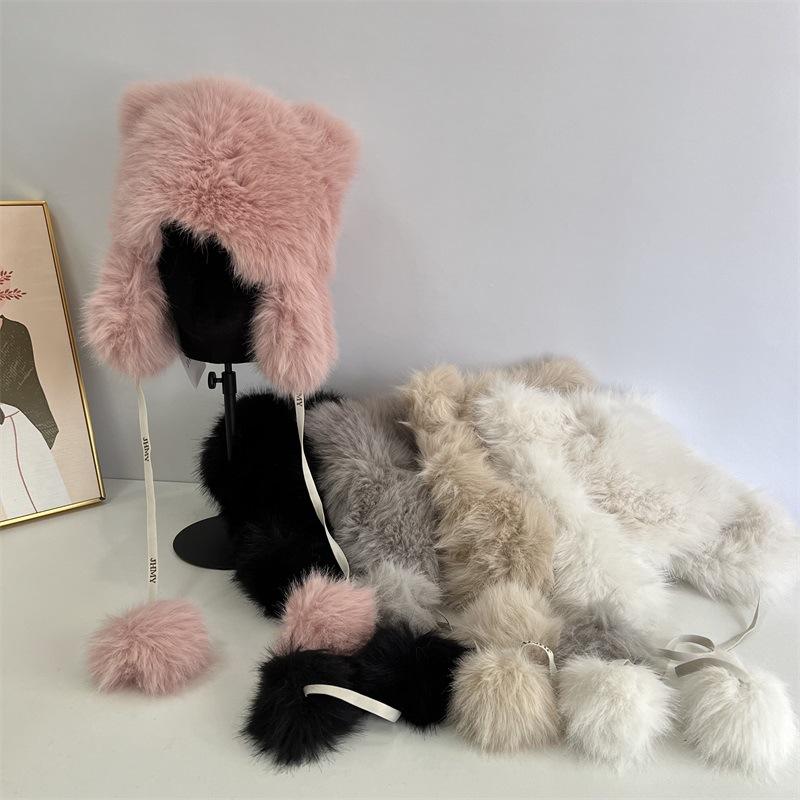 Cute bear-eared Lei Feng hat children's winter warm imitation mink hair ear protection hat cute tail tether hairball plush hat