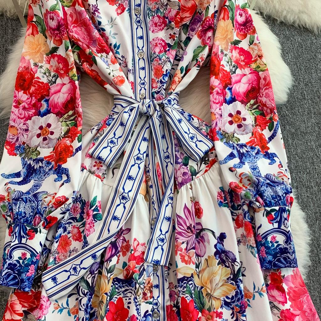 Frühling Herbst Damen Vintage Print Designer Laufstegkleid Übergroß Locker Einreihig Lang Maxi Partykleid für Abschlussfeier
