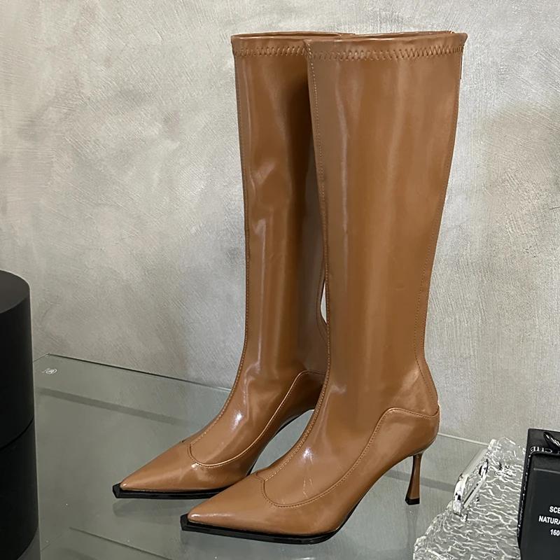 Eilyken Design Soft Pointed Toe Women Knee-High Boots Designer Party Dress Street Long Booties Thin Heels Shoes