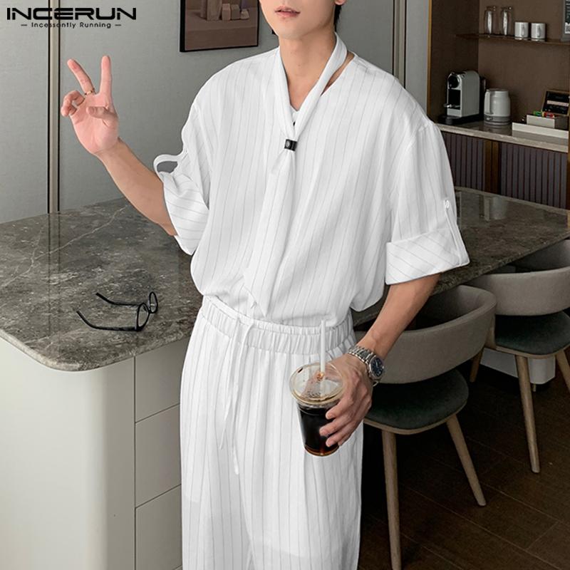 INCERUN 2PCS Men Tie Up Neck Short Sleeve Shirt Long Straight Pants Striped Sets