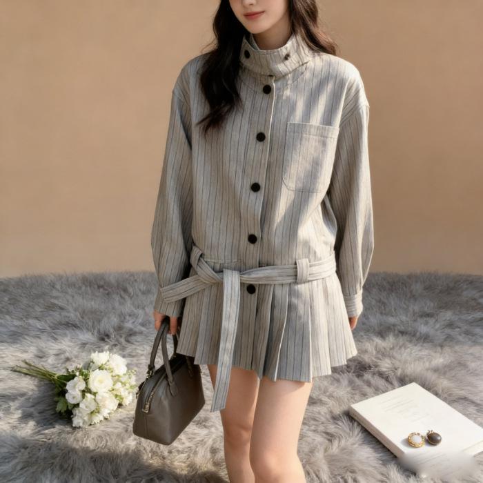 

Women s Striped Stand Collar Trench Coat Dress with Lace-up Detail M