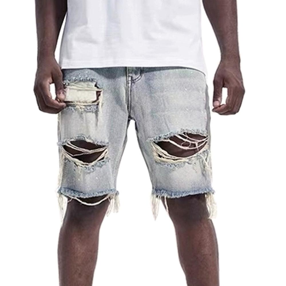 Summer Distressed Denim Shorts for Men, Korean Youth Popular Slim Fitting Small Leg Quarter Pants Jeans