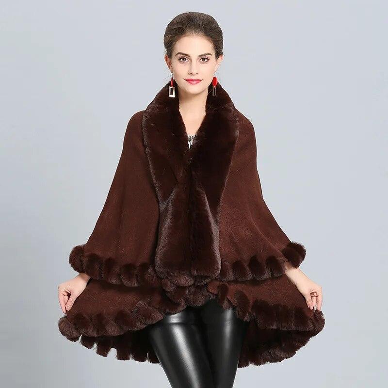 10 Colors Winter Warm String Faux Fox Fur Long Knitted 2 Layer Poncho Cape Cloak Oversize Women Cardigan Loose Shawl Street Coat