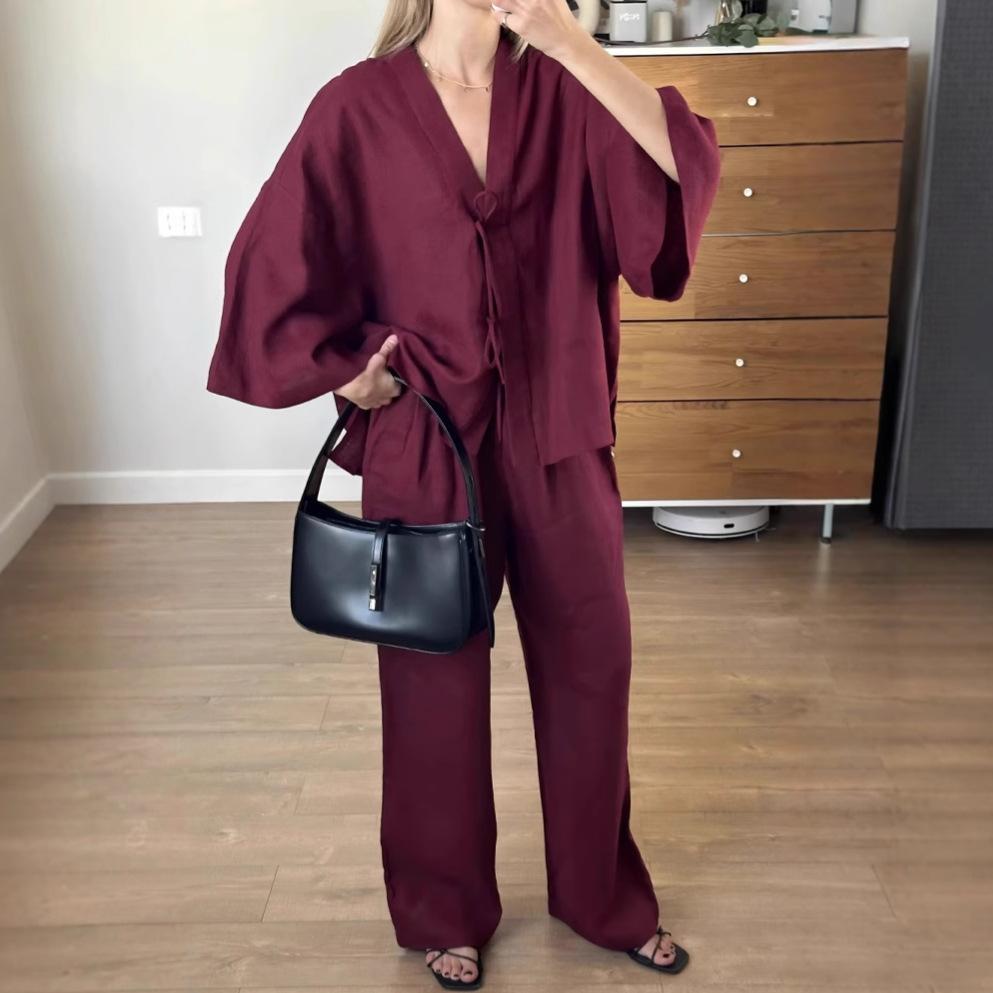 

Весенне-летний новый повседневный хлопковый костюм, топ на шнуровке, брюки клеш, женская одежда L красный