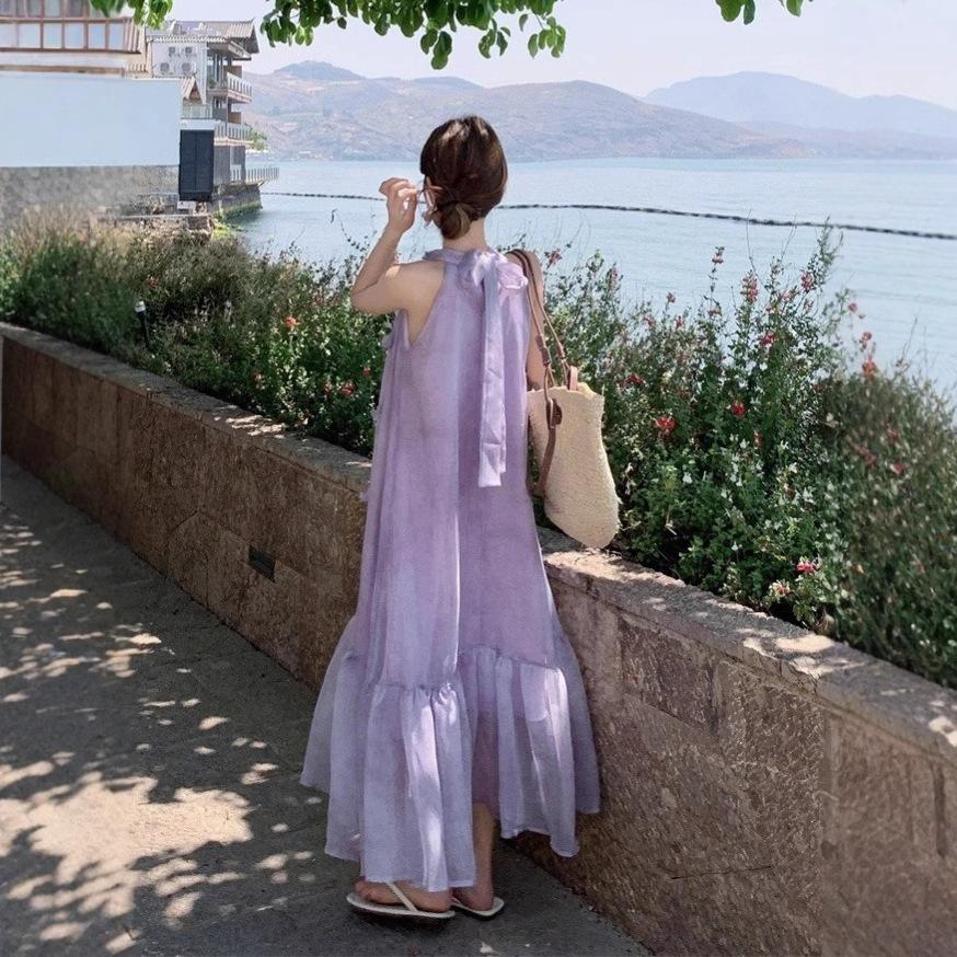 Gentle wind purple flower sleeveless neck dress women's summer loose skirt French holiday dress big swing dress