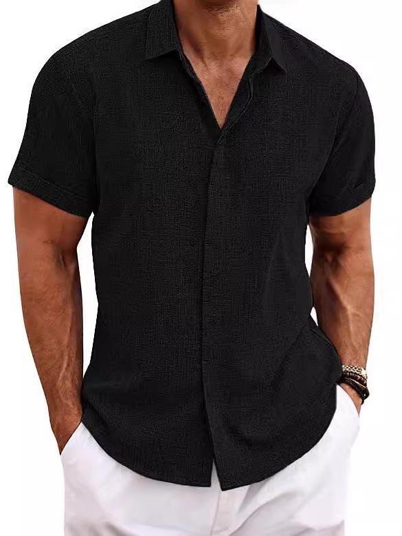 Men's Double-Breasted Short-Sleeve Cotton-Linen Shirt