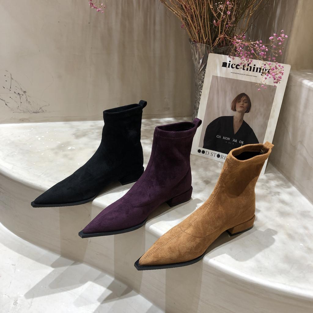 Flat Bottom Black Rear Zipper Short Boots Women's Autumn and Winter Low Heel Thin Bare Boots Pointed Elastic