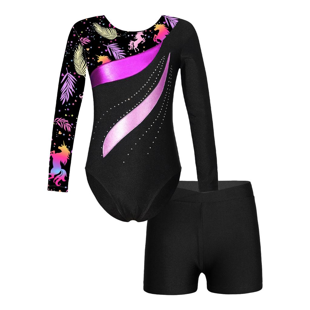 Girls Long Sleeve Rhinestone Leotard Printed Patchwork Design with V Front Waistband Shorts Dance Set
