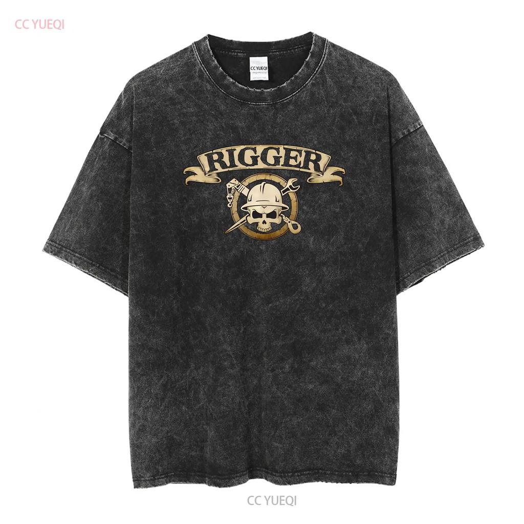 Mens rigger skull crossbones T Shirt Crane rigging short sleeve tee Hoist 2 sided Derrick riggers badge vintage Washed