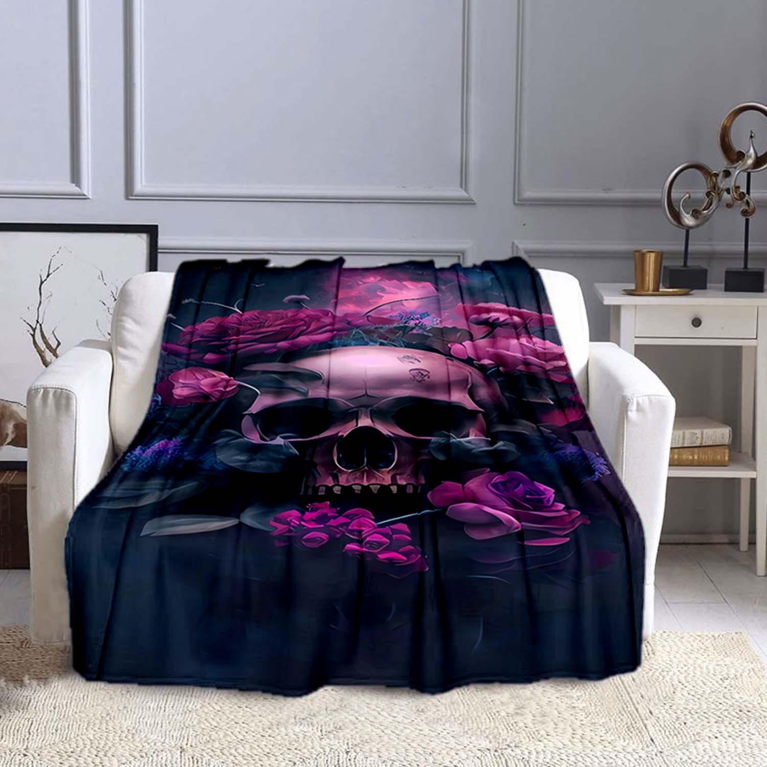 1pc Rose And Skull Print Blanket, Flannel Blanket, Soft Warm Throw Blanket Nap Blanket For Couch Sofa Office Bed Camping Travel 130cmx150cm