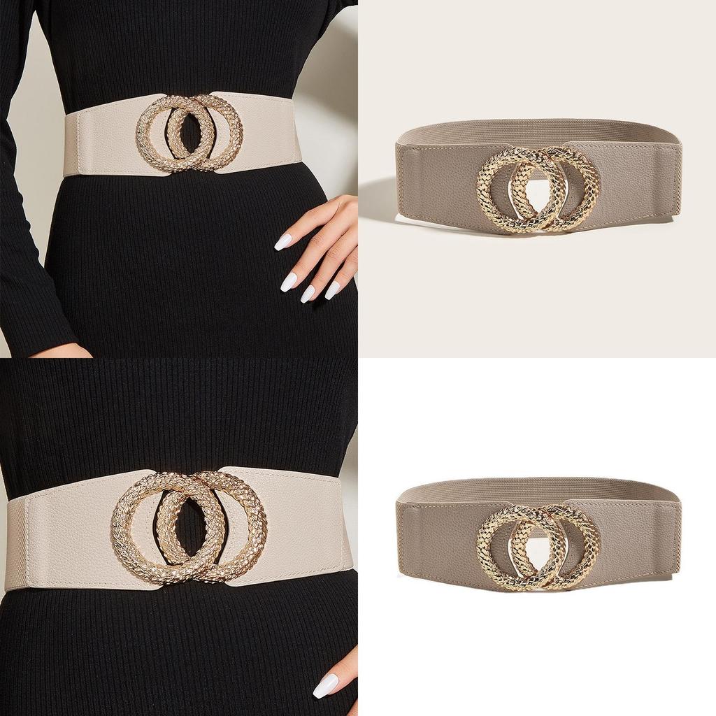 Womens Fall Leather Wide Belt With Serpentine Double Round Buckle For Coats