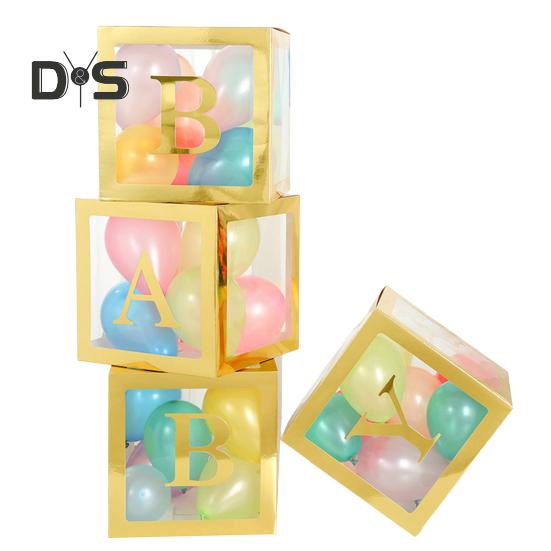 4 Stück Ballonbox zum Selbstzusammenbauen, transparente Papierbox, Ballonbox mit Buchstaben, wiederverwendbar, stapelbar, Würfel, dekorative Box für Party, Hochzeit, Geburtstag