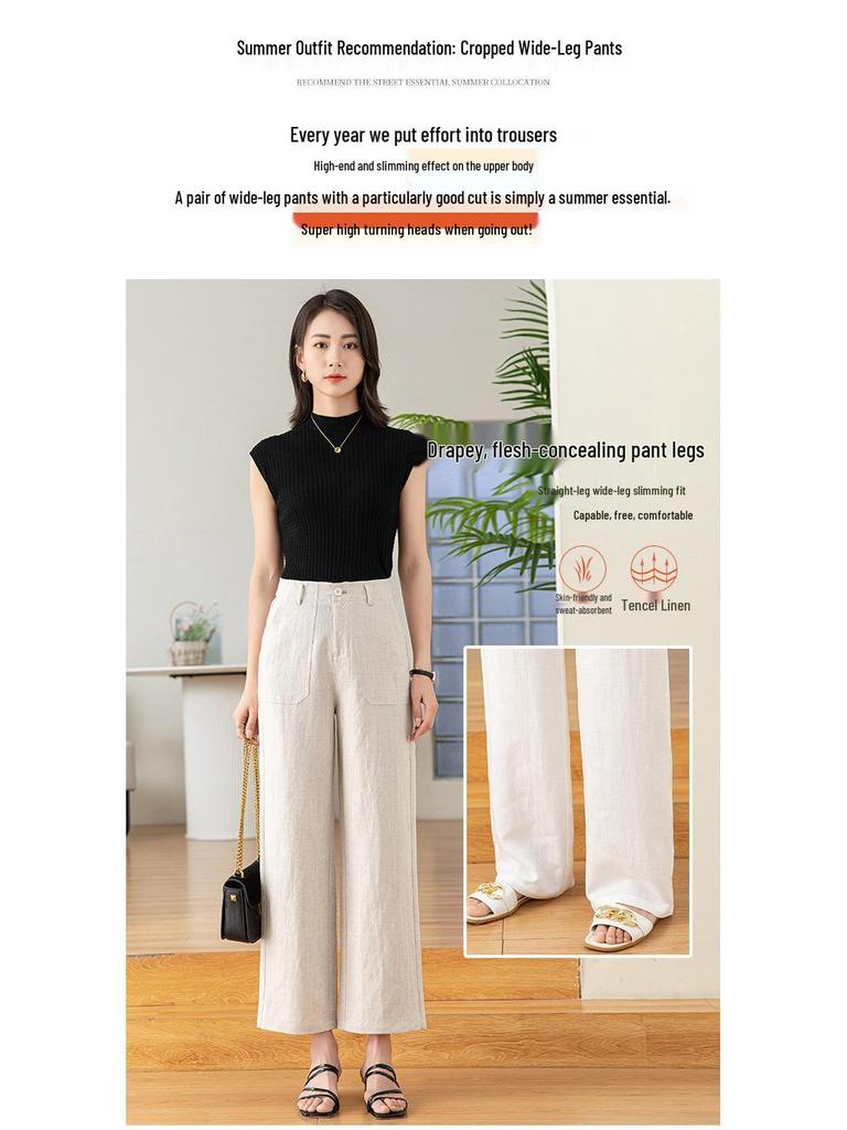 Tencel Leinen Weite Weiße Hose für Damen - Elastischer Bund, Gerade Neun-Punkt Lässig OL Professioneller Stil.