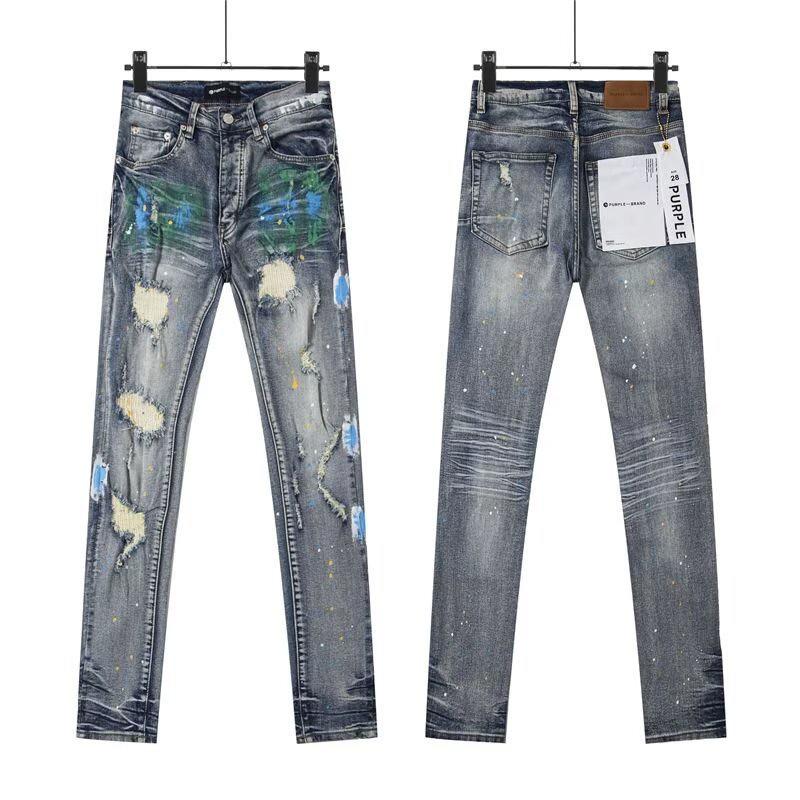 Punk Retro Blue Ripped Slim Fit Printed Men's Jeans