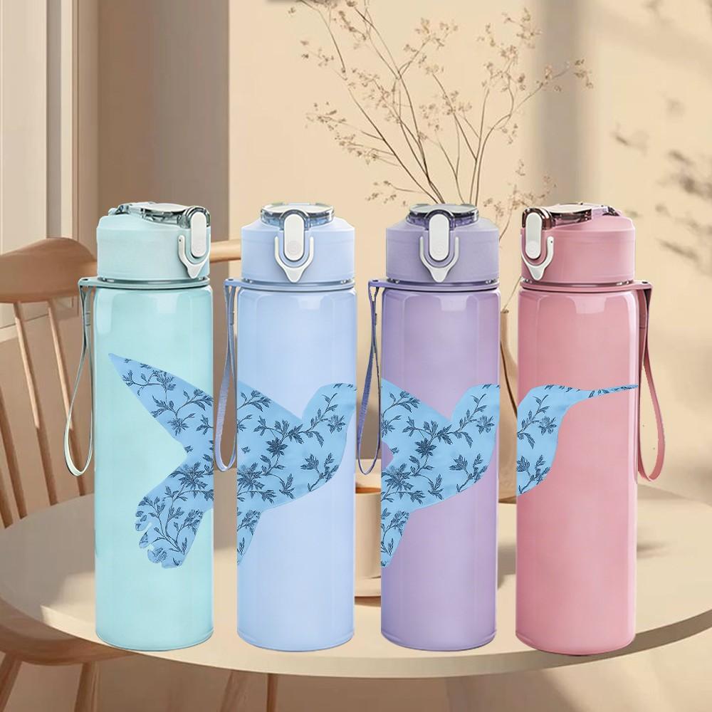 1PC Blue Floral Hummingbird 750ml Color Plastic Sports Water Bottle Leakproof Flip Straw Lid Suitable for Sports Office Home Use