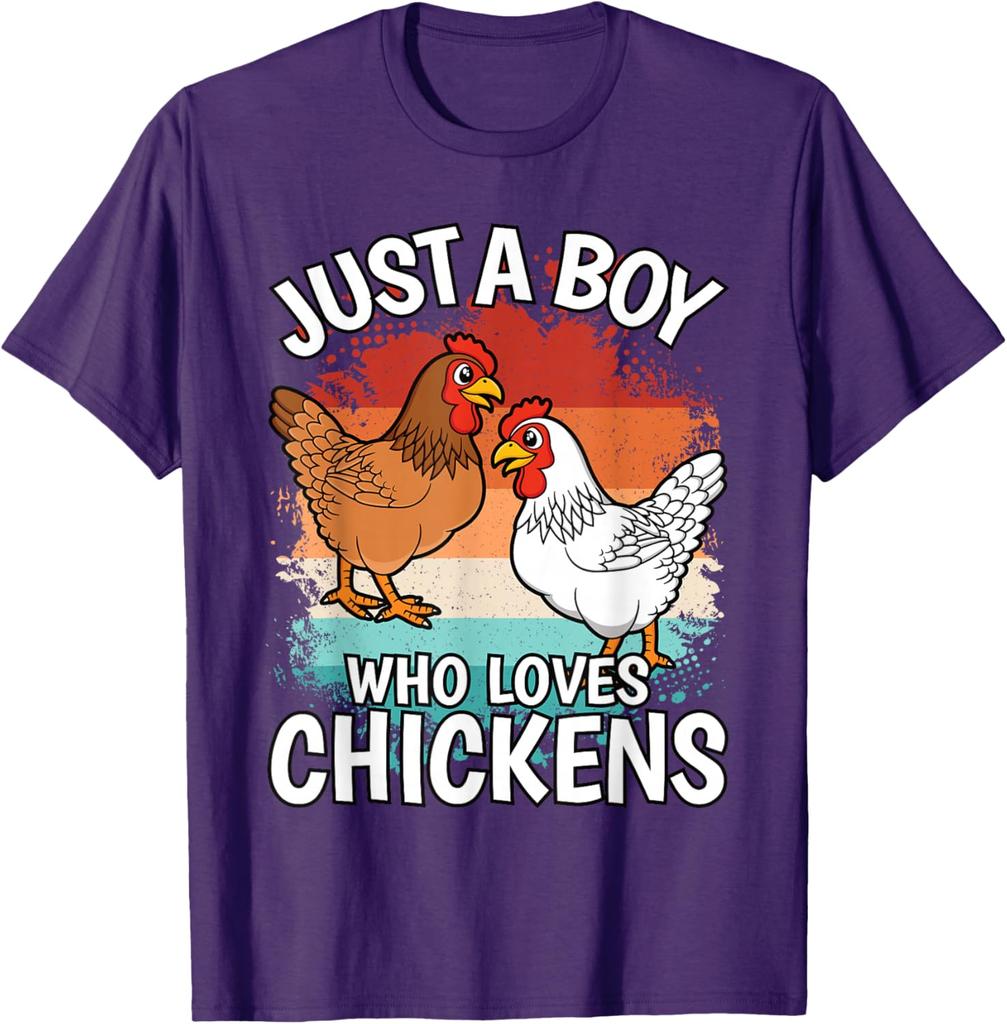 Just A Boy Who Loves Chickens Graphic Tee Retro Style Casual Cotton Short Sleeve T-Shirt for Men