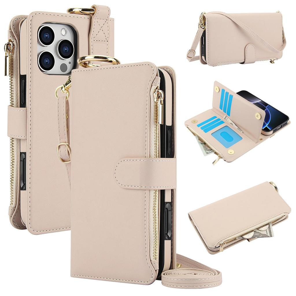 Etui Portfel Skórzany z Miejscami na Karty i Zamkiem Błyskawicznym Etui Klapka na Telefon dla IPhone 17 16 15 14 13 12 11 Pro Max Plus Promax 16e Pierścień Smycz Portmonetka