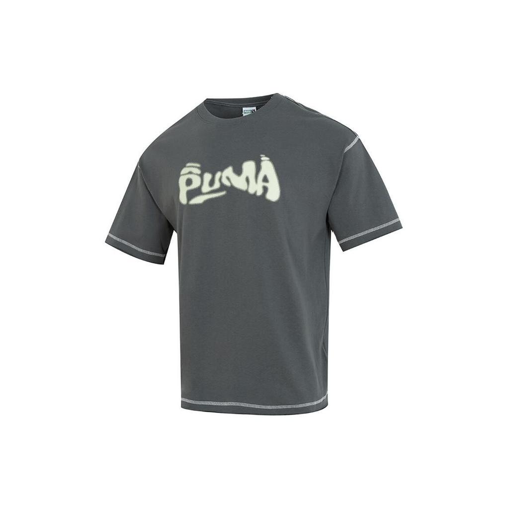 Puma Letter Print Outdoor Sports Breathable Casual Round Neck Short Sleeve T-Shirt Unisex Tops Gray-Green 626857-80