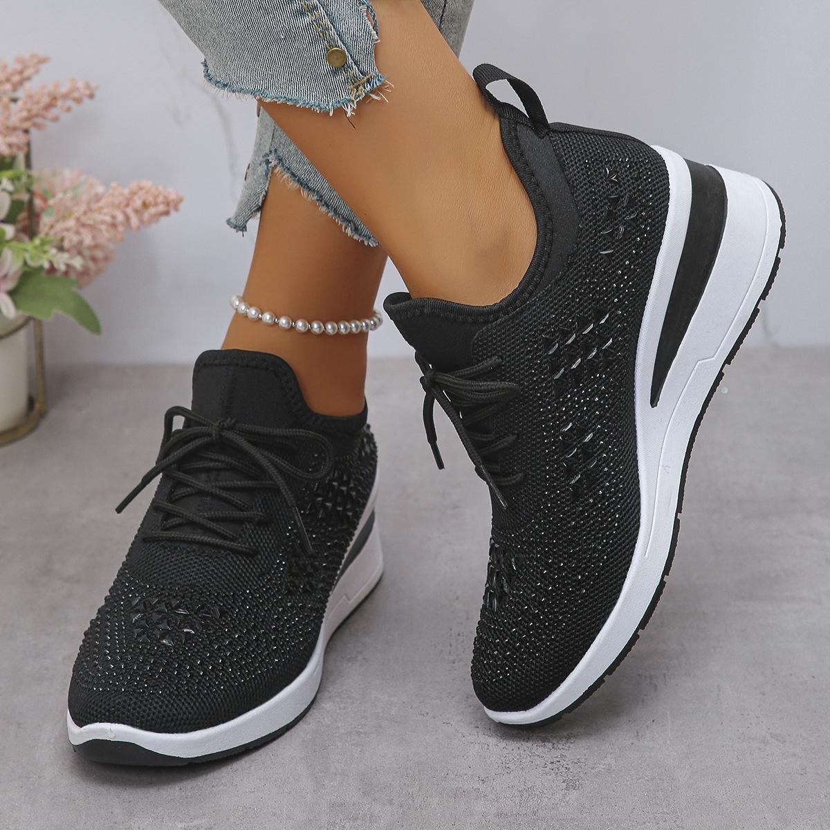 

Women s Sneakers Shiny Rhinestone Wedge Breathable Knit Non Slip Walking Shoes Woman Plus Size Fashion Thick Sole White Sneaker 39 чорний