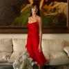Summer Midi Dresses Adjustable Lace-up Straps Sleeveless Backless Evening Dress Satin Calf-Length Split Beach Party Dress