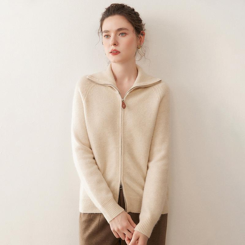 Women's High Neck Cashmere Cardigan – Solid Color, Loose Fit, Zipper, Autumn/Winter Collection, Thick Knit Outerwear.