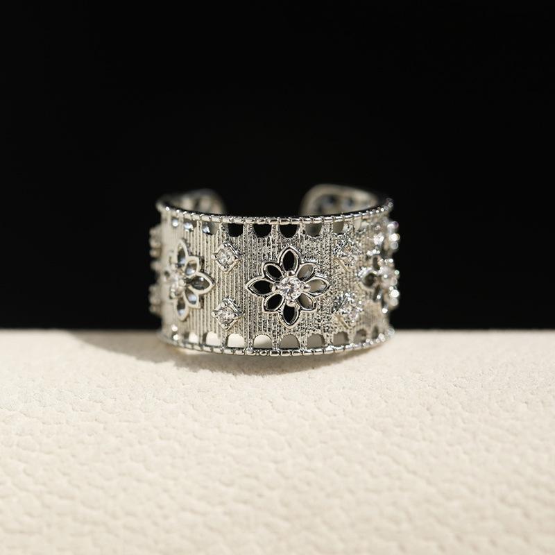 925 Sterling Silver Flower Geometry Ring For Women Girl Hollow Out Zircon Grace Wide Jewelry Gift Dropshipping