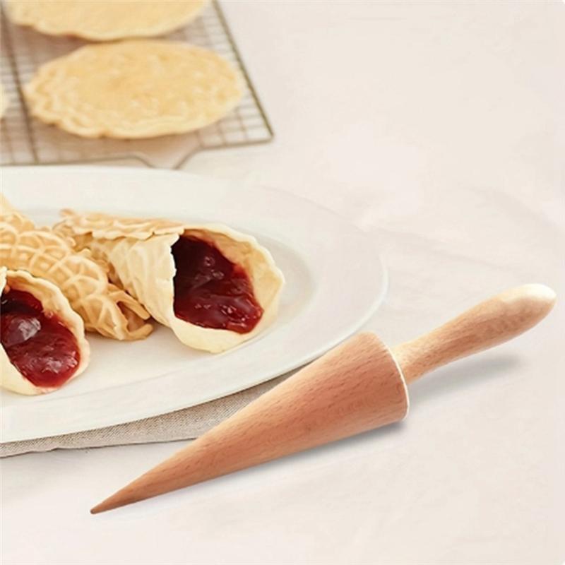 AD23-Ice Cream Waffle Cone Roller, Strong And Smooth Cone Roller, Wooden Pizzelle Cone, Handle Waffle Cone Shaped Tool
