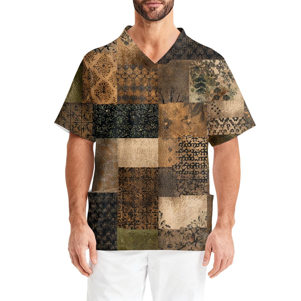 Men's Printing Short Sleeve V-neck Working Blouse Chest Pocket Carer Top