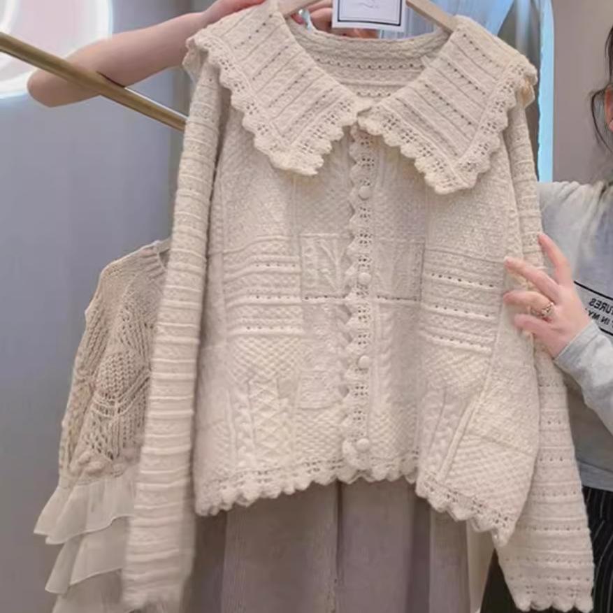 Autumn New Sweater Korean Version Loose Temperament Versatile Navy Collar Sweet Hollow Knitted Cardigan Jacket Top Women