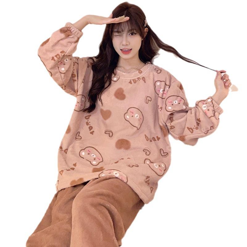 Przytulny flanelowy komplet piżamowy dla kobiet - jesień/zima, uroczy koralowy polar, okrągły dekolt, koreański styl, odzież domowa