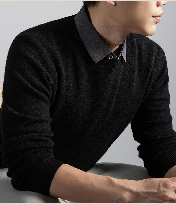 Męski gruby wełniany sweter z dekoltem w serek i klapami 2025 - Fason udający dwie części, dzianina biznesowa