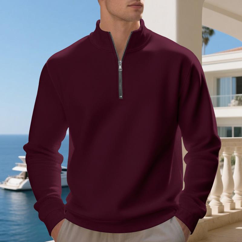 Pulôver Plus Size de Outono/Inverno com Forro de Lã e Meio Zíper, Cor Lisa, Moletom Casual para Homens
