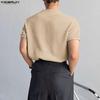 INCERUN Men Zip-up Neck Short Sleeve Texture Rib Casual T-Shirts Tops