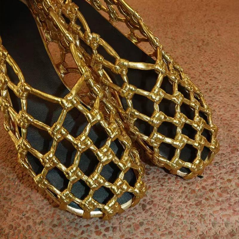 Wersja ze skóry owczej~ 2025 nowe ręcznie tkane buty Mary Jane z wycięciami, okrągłym noskiem, płaską podeszwą, damskie sandały baletki