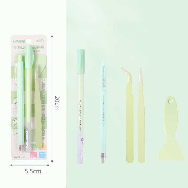 

4pcs/Set Handbook Tool Set Dot Glue Pen Ceramic Utility Knife Tweezers Shovel For Children Students DIY Scrapbooking Decoration зелёный