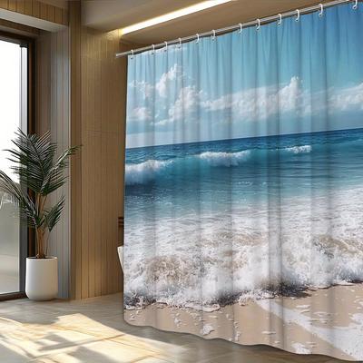 Shower Curtain - Tranquil Coastal Design, Turquoise Ocean & Golden Sand, Polyester, Machine Washable, Ideal for Bathroom Decor