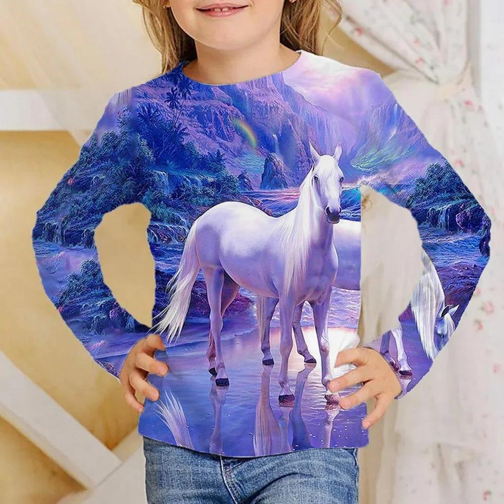 Animal Horse Children's 3D Digital Printing Girl Fashion Trend Round Neck Long Sleeved T-shirt